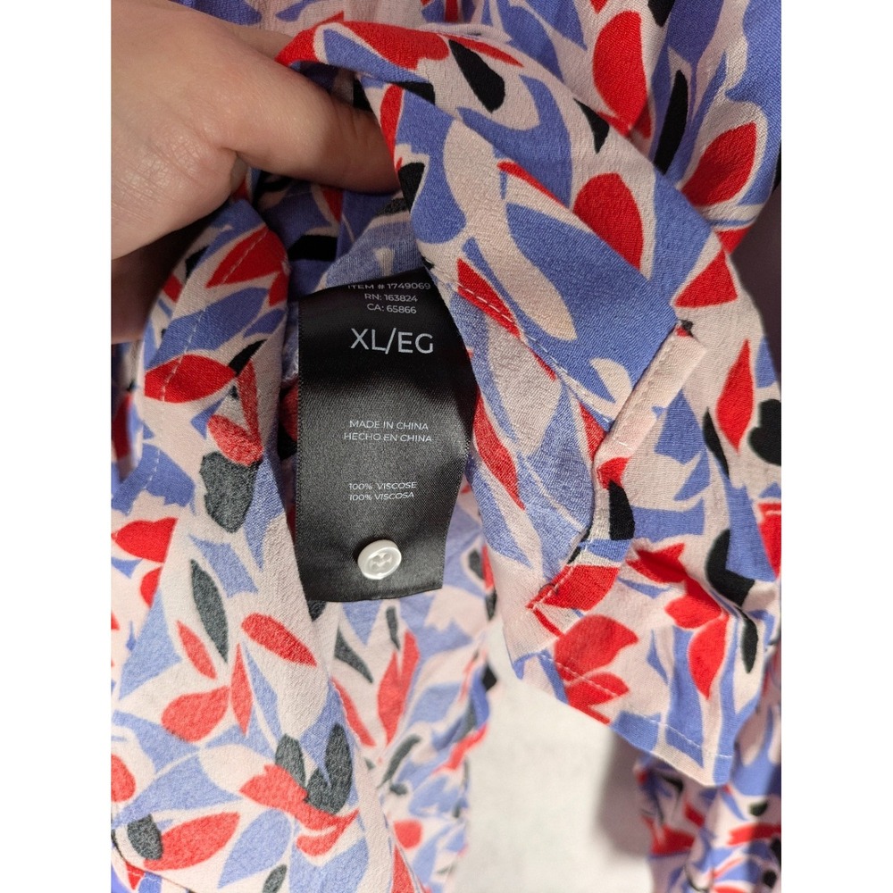 Well Worn Shirt Dress XL Blue Red Abstract Leaf Print Tie Waist Office Bohemian - Picture 10 of 10